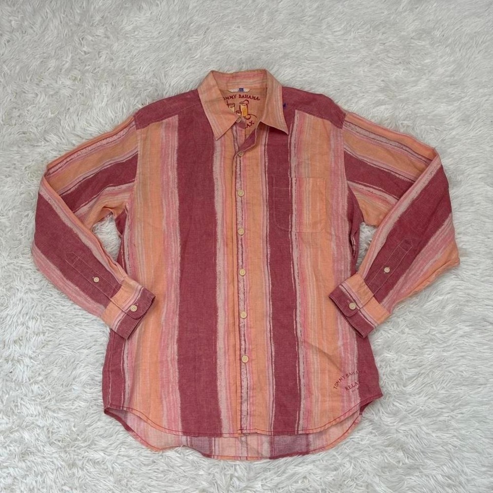 100% Linen Vintage Tommy Bahama Prep Leisure Beach Vacation Long Sleeve ButtonUp